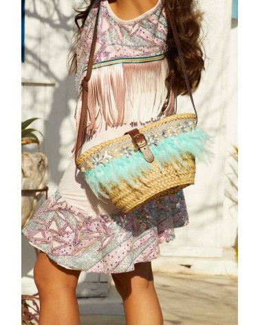 Mini Shoulder Beach Bag Turquoise Feathers