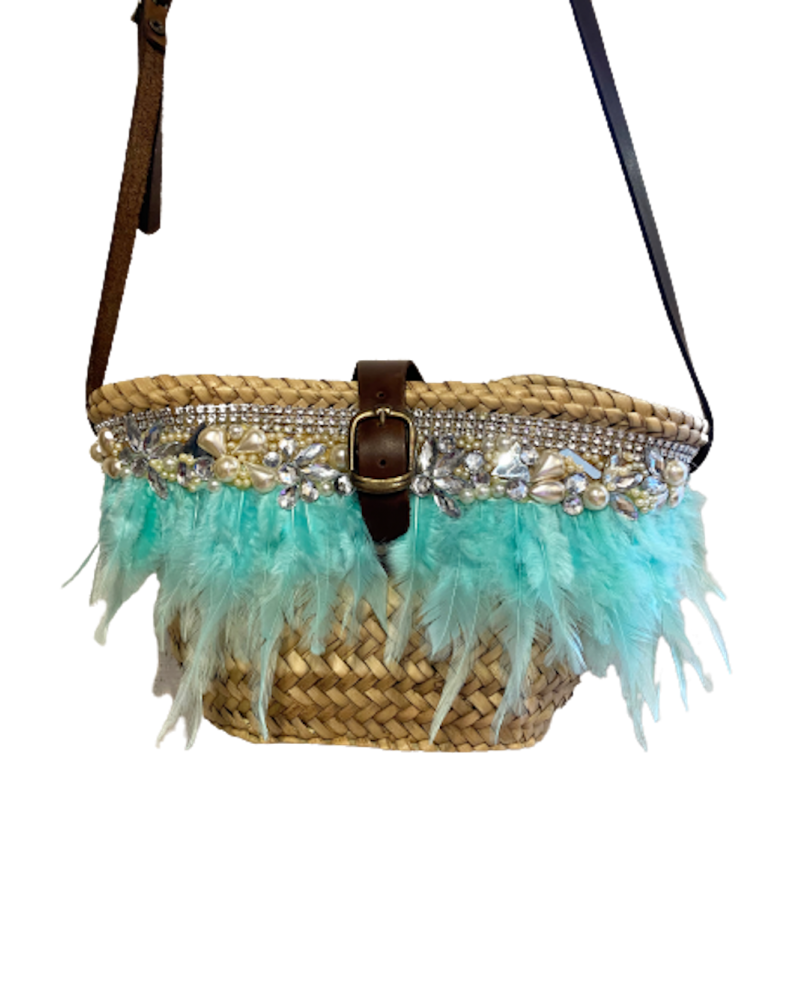 Mini Shoulder Beach Bag Turquoise Feathers